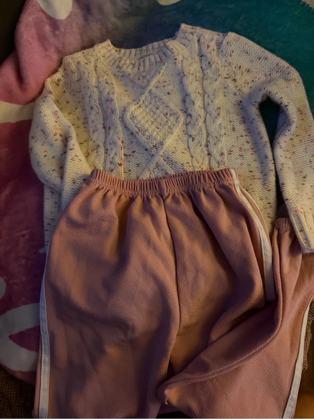 OshKosh B'gosh Cream Cable Knit Sweater with Pink Speckle and pink fashion pant